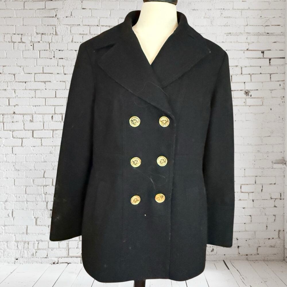 Michael Kors Black Pea Coat Sz XL Double Breasted Wool Blend Gold Buttons Preppy